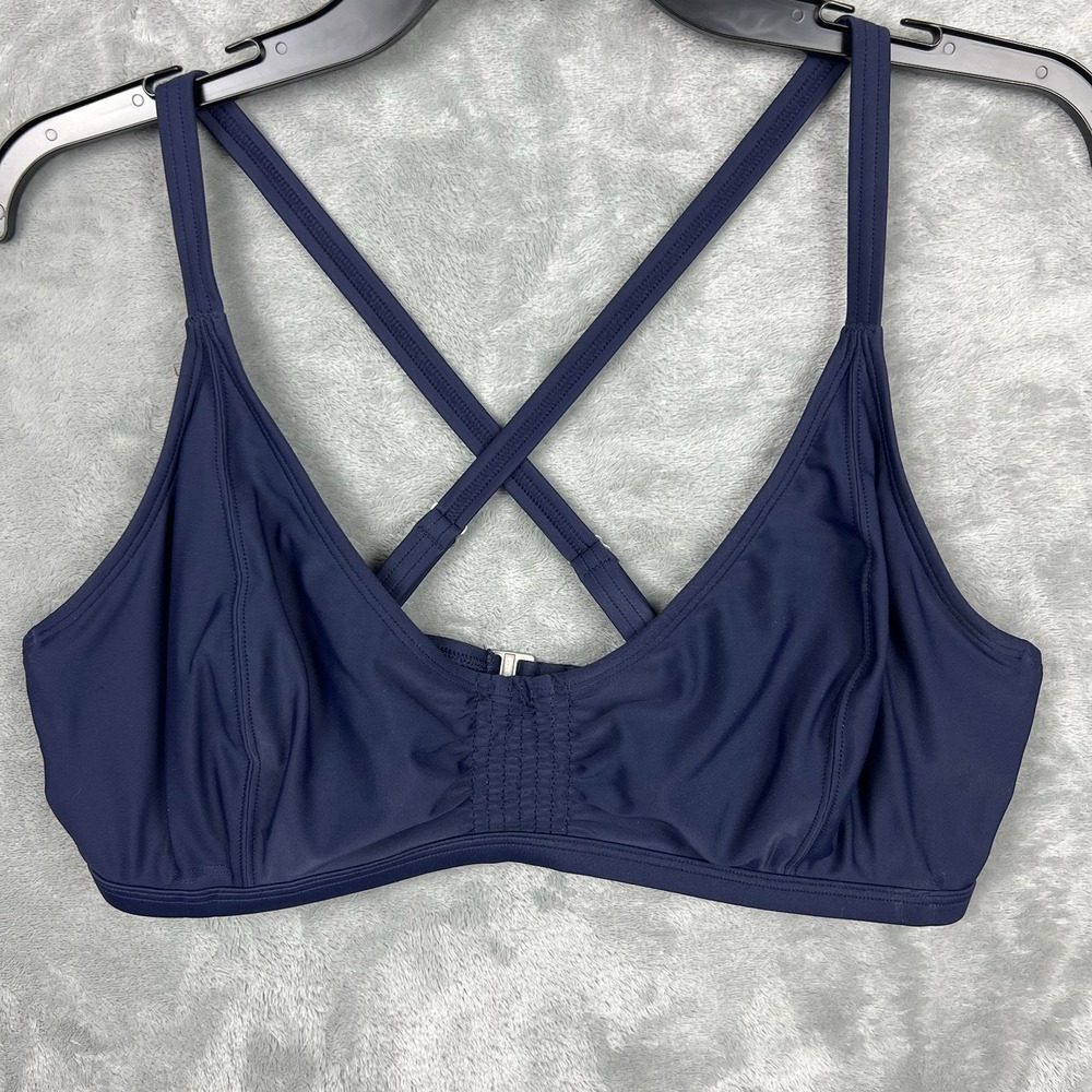 Athleta Smocked Bikini Swimsuit Top Size 36 D/DD Navy Blue Underwire Adjustable